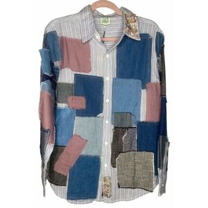 Jaded Gypsy women's blouse Patchwork "Patched in Dreams" Blue Oversized Size S/M